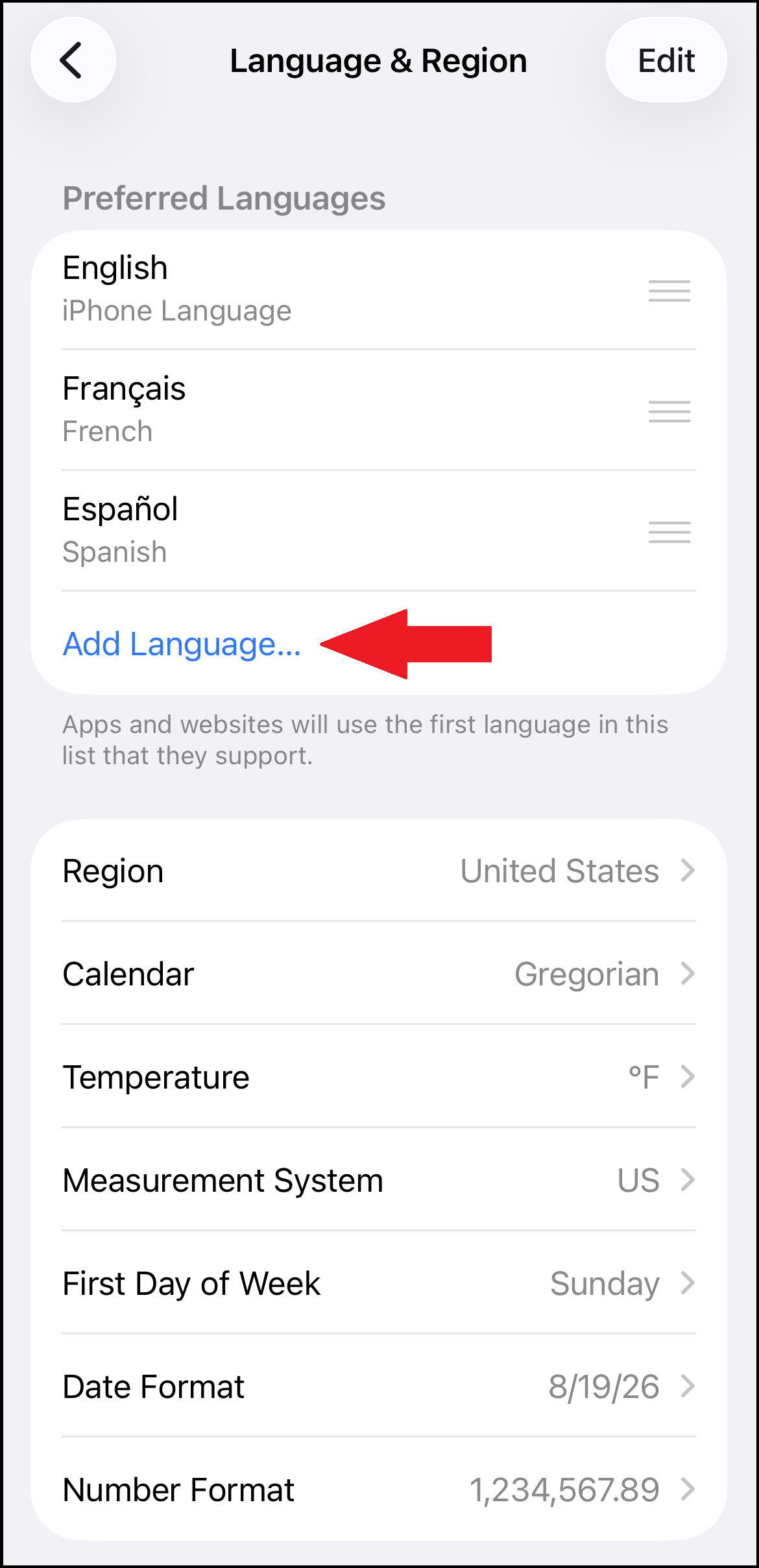 iOS language setting